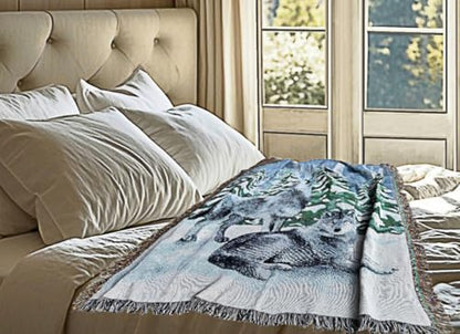Lodge Wolf Woven Tapestry Throw Blanket 50 X 60 Inches - color: Wolves