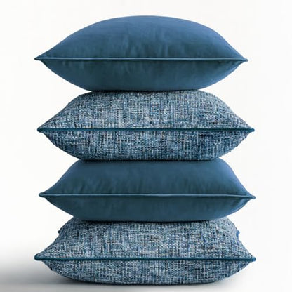 a moment Blue 4 Pack Throw Pillow Covers - Chenille & Velvet Set with Piping, Farmhouse Textured Design Pillow Cases for Couch Sofa Bed Livingroom (22x22 Inch, No Insert) - color: Blue, size: 22" x 22" (Pack of 4)
