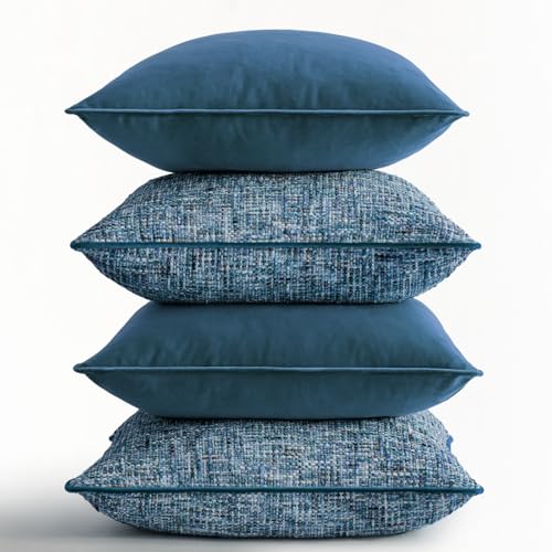 a moment Blue 4 Pack Throw Pillow Covers - Chenille & Velvet Set with Piping, Farmhouse Textured Design Cushion Cases for Couch Sofa Bed (18x18 Inch, No Insert) - color: Blue, size: 18" x 18" (Pack of 4)