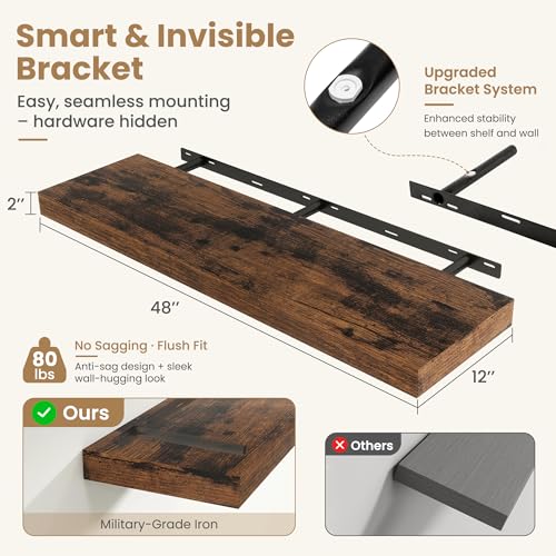 48 Inch Long Floating Shelves for Wall Set of 1, 12"D Wood Grain Shelves - color: Rustic Brown, size: 48"Wx12"Dx2"H, 1P
