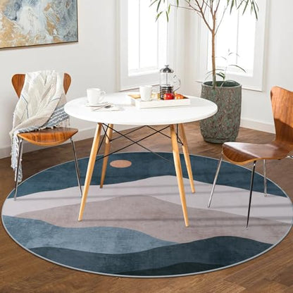 5ft Round Classroom Area Rug, Blue Abstract Mountain Sun Circle Rugs - color: Blue, size: 5' (Round)