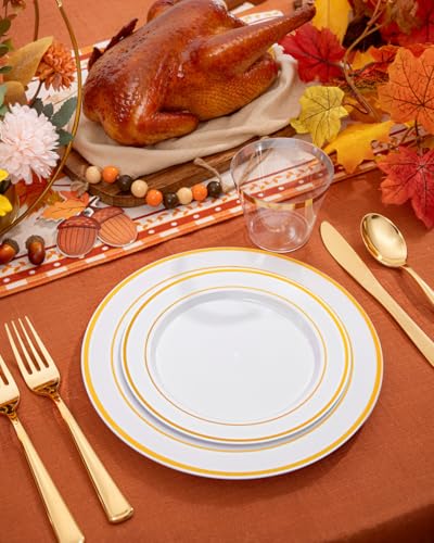 bUCLA 150PCS Gold Plastic Plates Disposable - Heavy Duty Gold Plates Include 25 Dinner & 25 Dessert Plates,25 Forks,25 Knives,25 Spoons&25 Cups for Party, Thanksgiving, Fall Harvest & Autumn - color: Gold