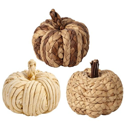 Lulu Home Set of 3 Handwoven Pumpkins Decor - color: Cream & Brown Blend