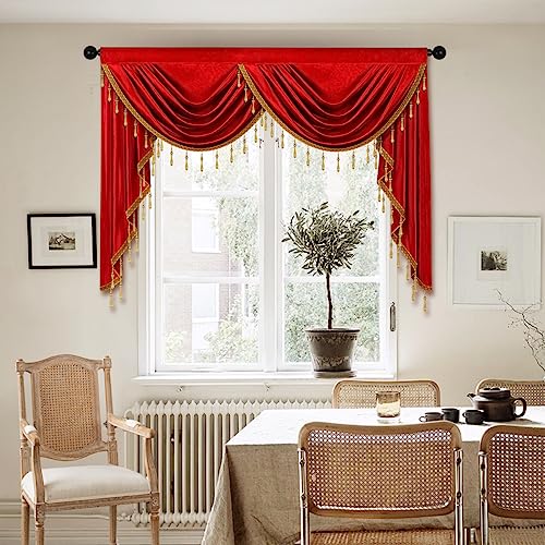 ELKCA Luxury Burgundy Red Velvet Curtain Valances for Living Room with Beads(59inch,1 Panel) - color: Burgundy Red, size: 59"W x 43"L (Pack of 1)