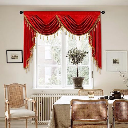 ELKCA Luxury Burgundy Red Velvet Curtain Valances for Living Room with Beads(59inch,1 Panel) - color: Burgundy Red, size: 59"W x 43"L (Pack of 1)