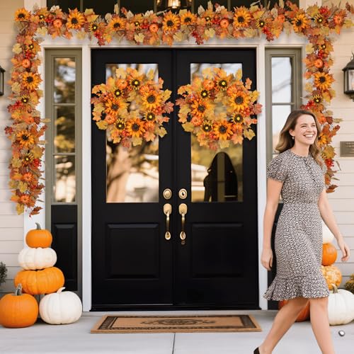 60 Inch Fall Garland (5 Ft) with Sunflowers and Pumpkins, Artificial Autumn Harvest Garland with Maple Leaves & Berries for Mantel Thanksgiving Home Decor Indoor Outdoor