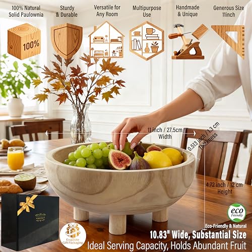 Premium 11" Handcrafted Large Wooden Fruit,Dough,Salad/key Bowl-Wooden Decorative Serving Bowl-Modern Farmhouse Kitchen Counter Centerpiece/Table/Dining Room Entryway Key Catcher-Wedding|Birthday Gift - color: Natural, size: Large