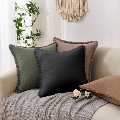 Linen Fringe Throw Pillow Covers 18x18 Inch Set of 2,Black - color: Black, size: 18" x 18" (Pack of 2)