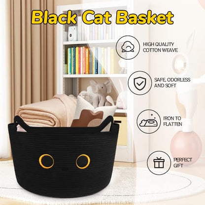 Large Black Cat Basket for Nursery,Cute Cat Woven Laundry Blanket Cotton - color: Black, size: 23 × 13 inches