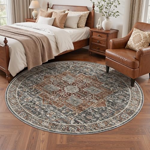 Roxstand 5ft Round Washable Area Rug, Non Slip Rug, Grey/Brown/Tan - color: Grey/Brown/Tan, size: 5' (Round)