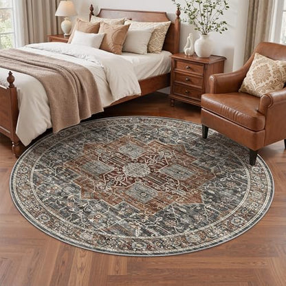 Roxstand 5ft Round Washable Area Rug, Non Slip Rug, Grey/Brown/Tan - color: Grey/Brown/Tan, size: 5' (Round)