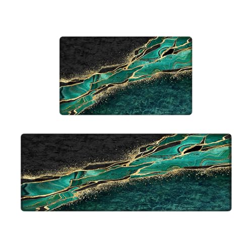 Kitchen Mats Set of 2, Cushioned Anti Fatigue Non Slip Waterproof Runner, Green and Gold Marble Design, PVC Memory Foam for Kitchen Sink and Laundry - color: Green Marble 1