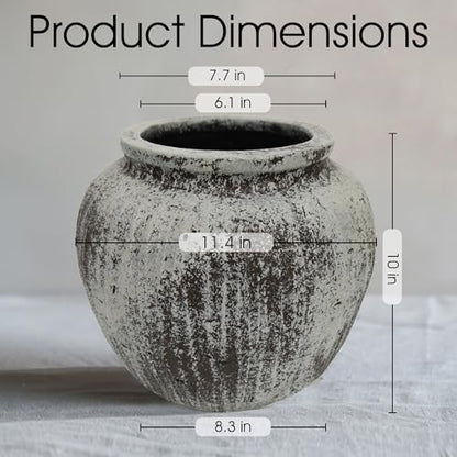 Oakrain Large Rustic Decorative Vase, 11" Distressed Gray Round Floor Vase