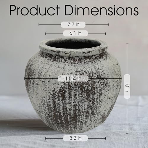 Oakrain Large Rustic Decorative Vase, 11" Distressed Gray Round Floor Vase