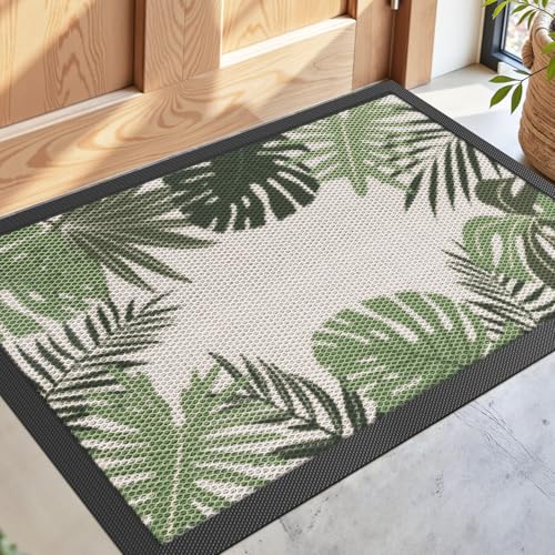 DEXI Front Door Mat Outside Entrance, 17x30 Summer Tropical Leaves Plant - color: Olive Green, size: 17" x 30" (Rectangular)