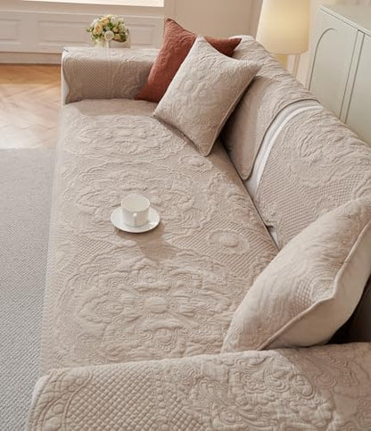 vctops Boho Cotton Quilted Couch Cover Soft Embroidered Sofa Cover Non-Slip Dog Bed Cover Scalloped Sofa Slipcover Washable Furniture Protector Cover (Khaki,28"x82") - color: Khaki, size: 1pc/28"x82"/Rectangular
