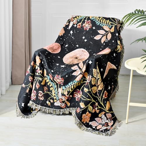 Boho Throw Blanket Reversible Woven Bohemian Tapestry Room Decor - color: Lunar Eclipse Black, size: 50*60 inch