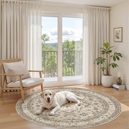cotiled 6ft Round Living Room Area Rug, Washable, Traditional, Beige - color: Beige, size: 6' (Round)
