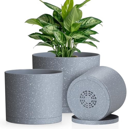 Plant Pots, 10/9/8 Inch 3 Pack Cylindrical Flower Pots with Drainage Holes and Saucers, Plastic Planters for Outdoor Indoor Plants,Grey with White Speckles - color: Grey With White Speckles