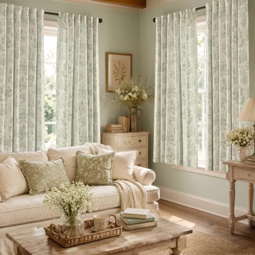 jinchan Green Blackout Curtains 63 Inch Woodland Back Tab 2 Panels - color: Sage Green on Beige, size: 50"W x 63"L (Pack of 2)
