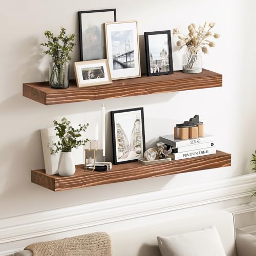 Solid Wood Floating Shelves, 24 Inch Wall Shelves, Set of 2, Brown - color: Brown, size: 24x8x1.6