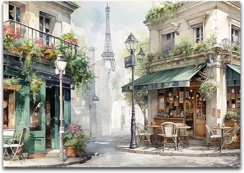 Framed Green Cafe Canvas Wall Art, 36"x24" European Street Scene - color: Green 01, size: 36"L x 24"W