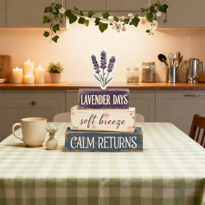 Spring Decoration For Home Wooden Lavender Tiered Tray Decor Rustic Spring Block Sign with Lavender Farmhouse Tabletop Spring Decor Centerpiece for Tables Seasonal Home Easter Decor - style: Lavender