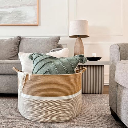 CHICVITA XXL Cotton Rope Woven Blanket Basket with Handles, Brown & White - color: Brown and White