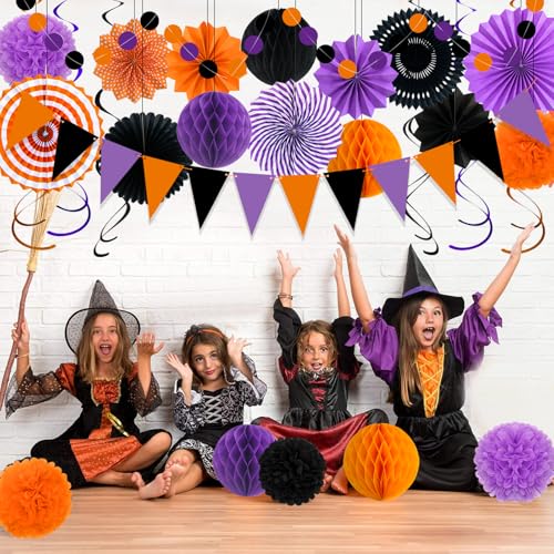 26 Pcs Halloween Party Decorations Kit, Paper Fans Pom Poms Banner 8-16 in - color: Purple