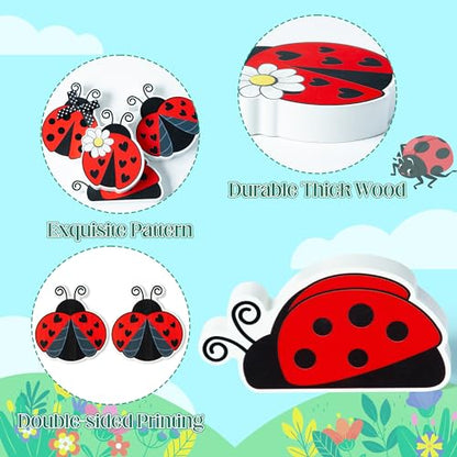WATINC 4PCS Ladybug Tiered Tray Decor, Spring Summer Wooden Table Centerpiece Sign, Double-sided Ladybug Printed Wood Tabletop Sign, Ladybird Farmhouse Rustic Party Decoration for Holiday Home Kitchen - style: Ladybug