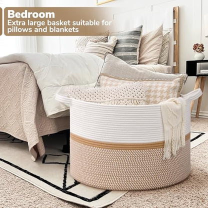 CHICVITA XXL Cotton Rope Woven Blanket Basket with Handles, White & Brown - color: White and Brown