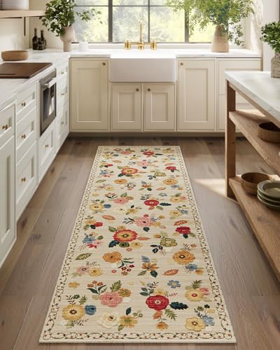 Washable Hallway Runner Kitchen Rugs : 2'6"x8' Carpet Runner Rug Non Slip - color: Beige Floral, size: 2'6"x8'(Rectangular)