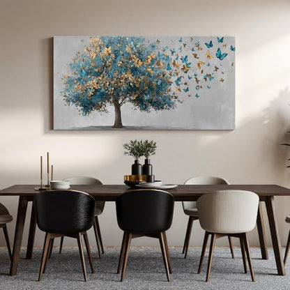 YISXINOAG Blue Gold Tree of Life Wall Art Butterfly Landscape Print 24"X48" - color: grey green, size: 48"L x 24"W