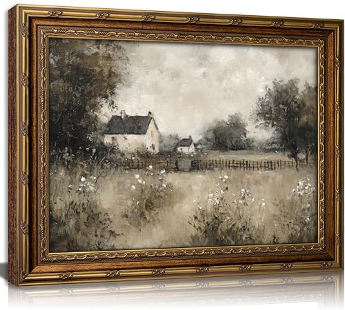 Vintage Gold Framed Wall Art, Country Cottage Landscape Oli Painting Canvas Print, Retro Neutral Rural House Picture Wall Decor, Rustic Farmhouse Poster Artwork for Nursery Bedroom Living Room - color: Cabin, size: 11''Lx9''W