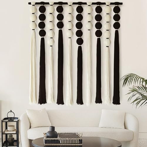 Macrame Wall Hanging Black White Sphericity Fiber Yarn Art 39"W*39"L - color: Black and White