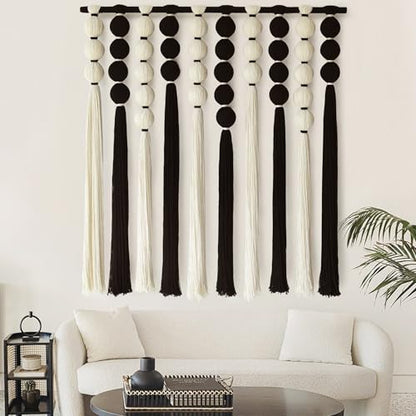 Macrame Wall Hanging Black White Sphericity Fiber Yarn Art 39"W*39"L - color: Black and White