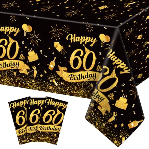 3 Pack 60th Birthday Plastic Tablecloth, Black Gold Disposable Table Cover - color: 60th Birthday
