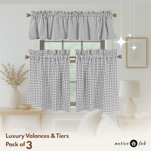 Native Fab Gingham Plaid Check 3 Pieces Window Curtain Tiers 26"x36" and Valance 54"x18" Set - Rod Pocket - Semi Sheer - Farmhouse Short Curtain for Kitchen, Bedroom, Bathroom - Grey and White - color: Grey White
