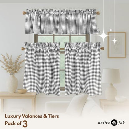 Native Fab Gingham Plaid Check 3 Pieces Window Curtain Tiers 26"x36" and Valance 54"x18" Set - Rod Pocket - Semi Sheer - Farmhouse Short Curtain for Kitchen, Bedroom, Bathroom - Grey and White - color: Grey White