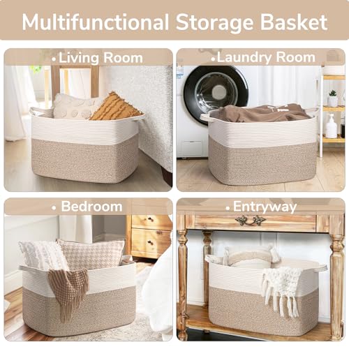 Goodpick 85L Large Woven Rope Blanket Basket, White & Light Brown - color: White & Light Brown, size: X-Large(23.6"L x 15.7"W x 13.8"H)