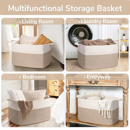 Goodpick 85L Large Woven Rope Blanket Basket, White & Light Brown - color: White & Light Brown, size: X-Large(23.6"L x 15.7"W x 13.8"H)