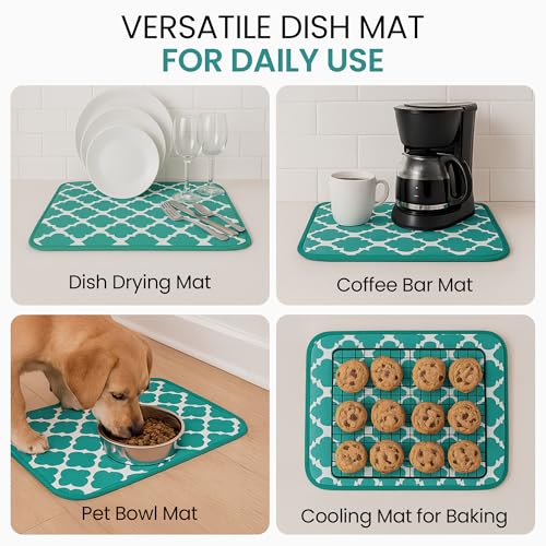 Dish Drying Mat for Kitchen Counter, Large 18 x 14 Absorbent Microfiber Pad - color: Teal Green Trellis