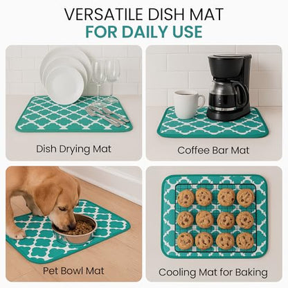 Dish Drying Mat for Kitchen Counter, Large 18 x 14 Absorbent Microfiber Pad - color: Teal Green Trellis