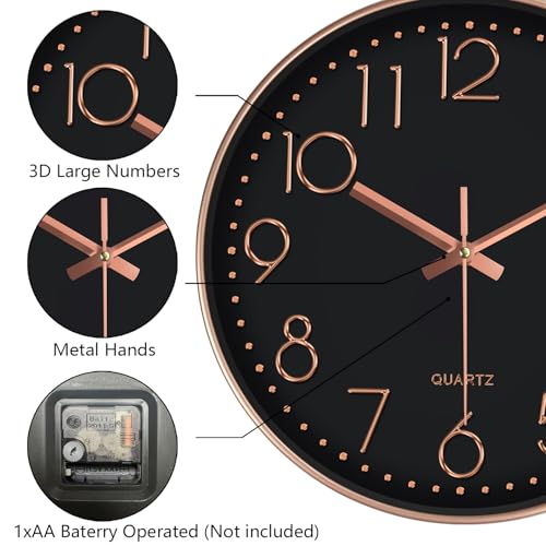 Modern Silent Wall Clock - 12 Inch Wall Clocks Battery Operated Large Number, Non-Ticking Analog Clock with Tempered Glass Quartz Clocks for Living Room Bedroom Office Kitchen, Black Rose Gold - color: Black Rose Gold, size: 12 Inch