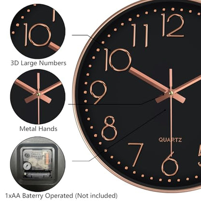 Modern Silent Wall Clock, 14 Inch Wall Clocks Battery Operated - color: Black Rose Gold, size: 14 Inch