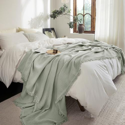 FOSSA Muslin Blanket 4-Layer 100% Cotton Gauze Blanket with Fringe 108"x98" - color: Sage Green, size: Super King(108" × 98")