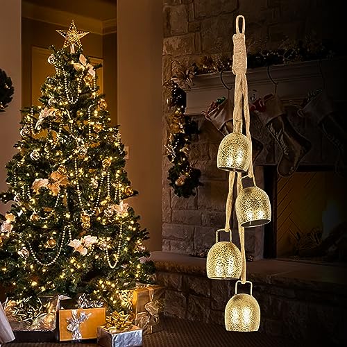 Styleonme Christmas Decoration Bells, Jute Rope Metal Decorative Cow Bells, Christmas Bells for Decoration, Brass Vintage Handmade Country-Style, 2025 Christmas Ornament - color: Gold