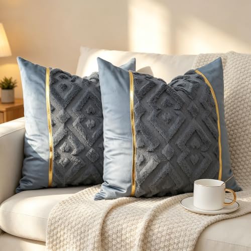 Luxury Patchwork Tufted Throw Pillow Cover 18x18 Inch Set of 2 - color: Blue Gery, size: 18" x 18" (Pack of 2)