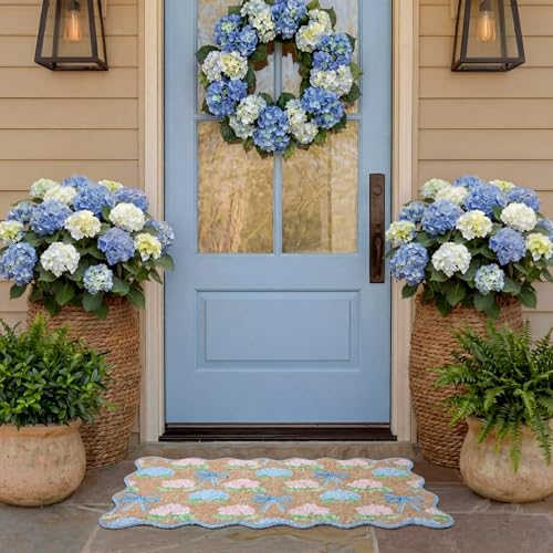 Dunzy Hydrangea Doormat Pink Blue Bow Scalloped Welcome Front Door Mat - style: Hydrangea Bow