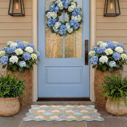 Dunzy Hydrangea Doormat Pink Blue Bow Scalloped Welcome Front Door Mat - style: Hydrangea Bow